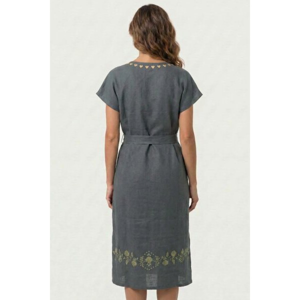VESTIDO LINHO CINZA ANTRACITE COM BORDADO VIANA (VERDE PISTACHE PÁLIDO)