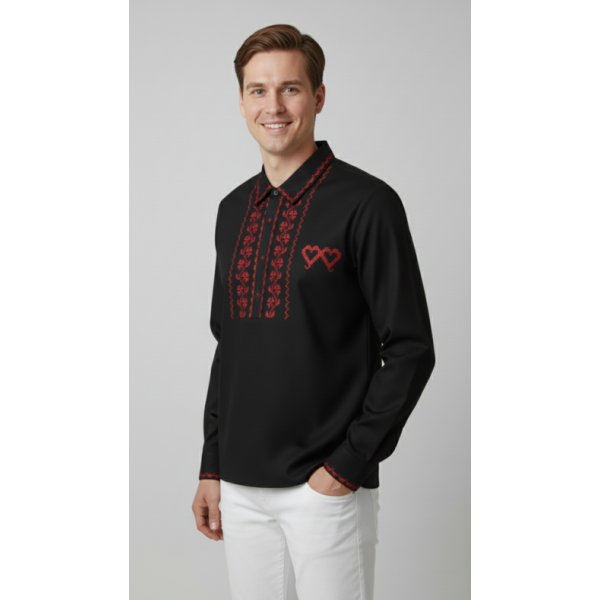 CAMISA ALGODAO PRETO BORDADO PONTO CRUZ VERMELHO