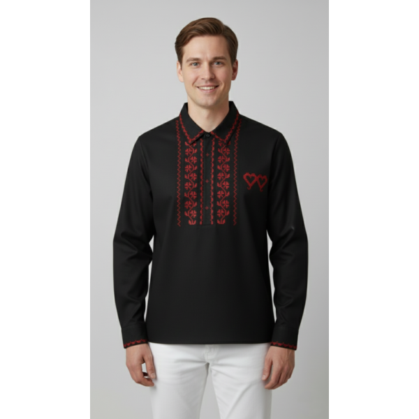 CAMISA ALGODAO PRETO BORDADO PONTO CRUZ VERMELHO