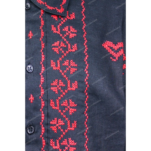 BLACK COTTON SHIRT WITH RED CROSS STITCH EMBROIDER...