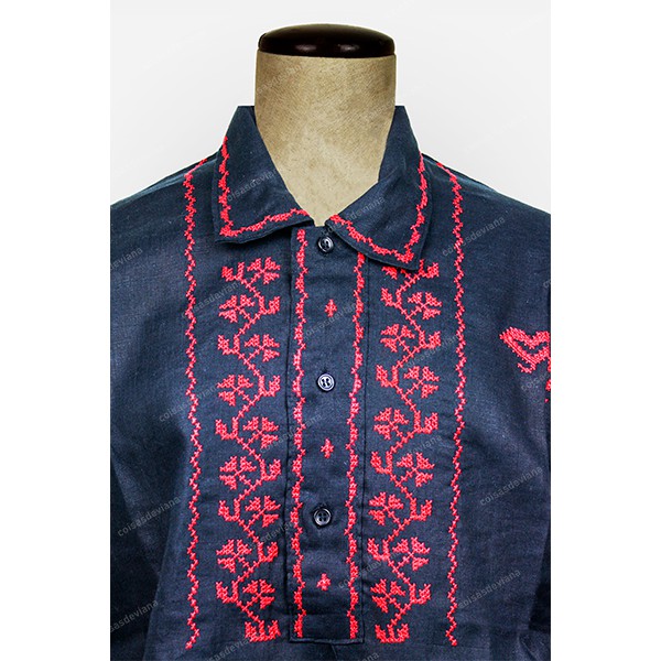 BLACK LINEN SHIRT WITH RED CROSS STITCH EMBROIDERY