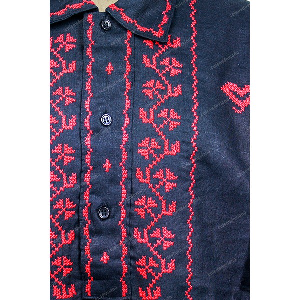 BLACK LINEN SHIRT WITH RED CROSS STITCH EMBROIDERY