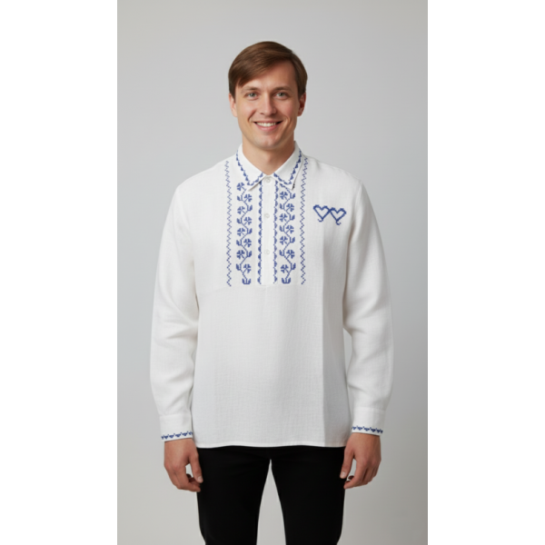 CAMISA LINHO BORDADO PONTO CRUZ AZUL