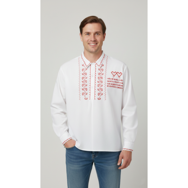 CAMISA LINHO BORDADO PONTO CRUZ E QUADRA NO PEITO