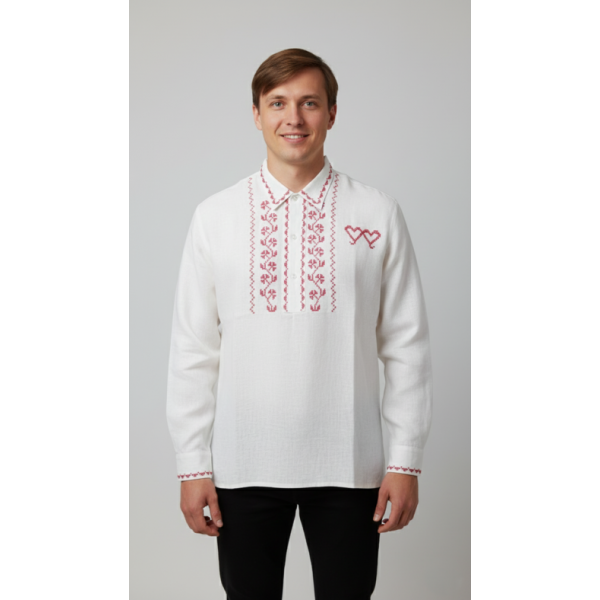 CAMISA LINHO BORDADO PONTO CRUZ VERMELHO