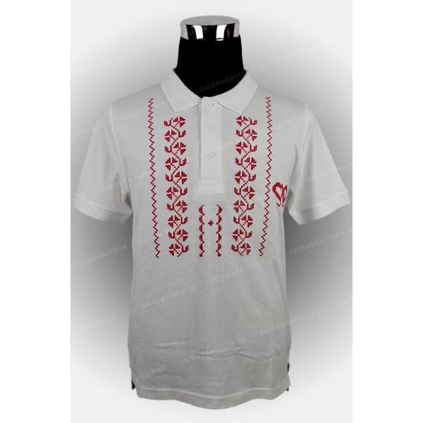 WHITE POLO SHIRT EMBROIDERED CROSS STITCH PRINTED