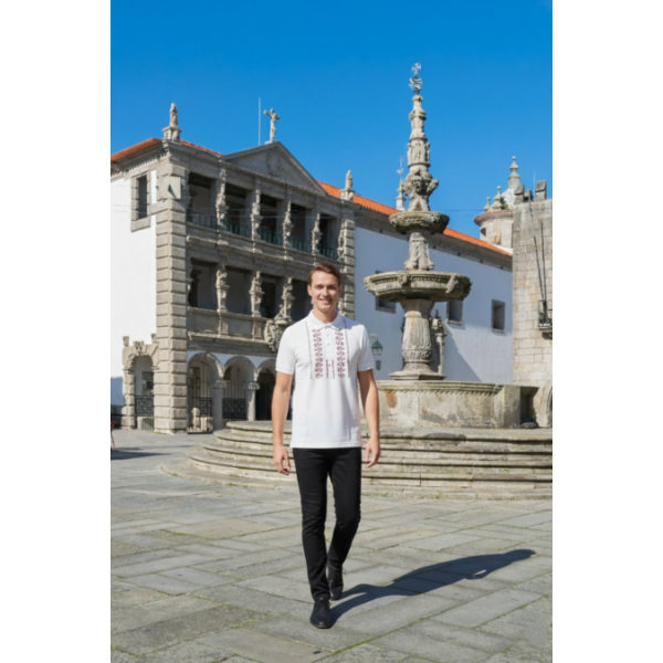 POLO BRANCO BORDADO PONTO CRUZ ESTAMPADO