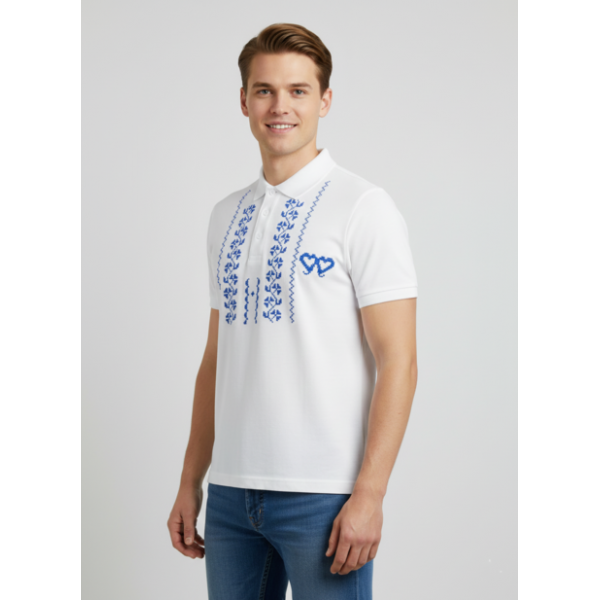 POLO BRANCO BORDADO PONTO CRUZ ESTAMPADO