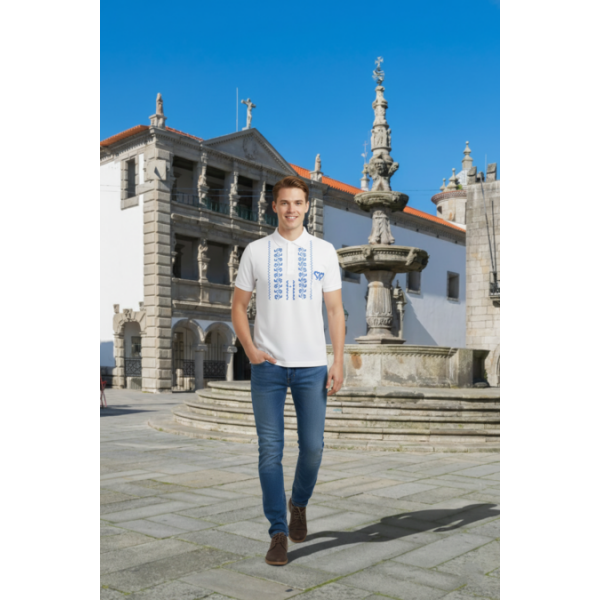 POLO BRANCO BORDADO PONTO CRUZ ESTAMPADO