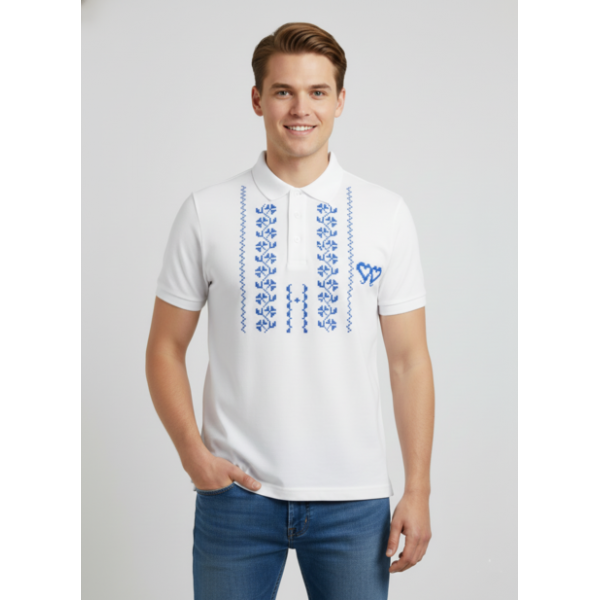 POLO BRANCO BORDADO PONTO CRUZ ESTAMPADO