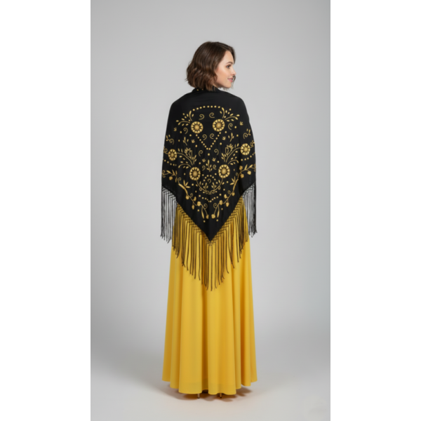 XAILE COM FRANJA E BORDADO MANUAL AMARELO DOURADO