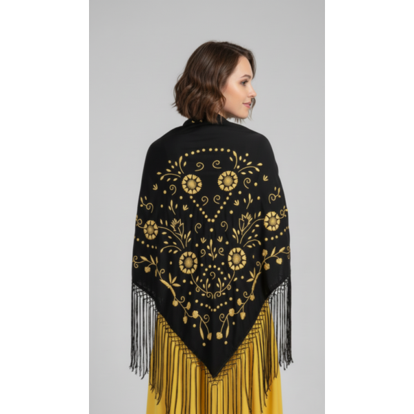 XAILE COM FRANJA E BORDADO MANUAL AMARELO DOURADO