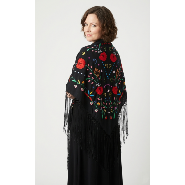 XAILE COM FRANJA E BORDADO MANUAL MULTICORES